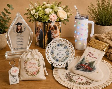 Decorative floral and holiday-themed gifts arranged on a wooden surface.