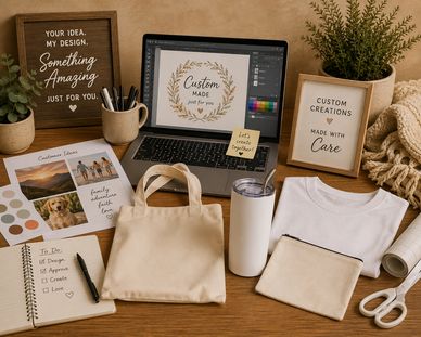 Workspace with custom design products and tools.