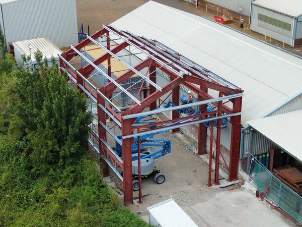 Steelwork portal frame during construction