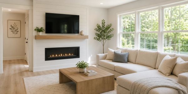 Bright living room with large windows and a cozy fireplace.