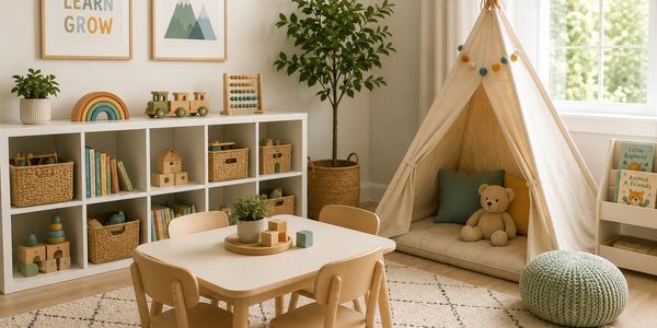 Cozy children's playroom with teepee and wooden toys.