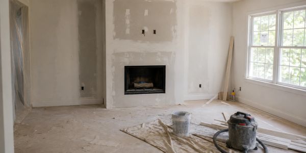 Room undergoing renovation with fireplace and construction tools.