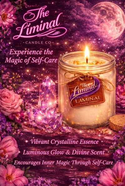A glowing candle with magical, self-care themed surroundings and text.