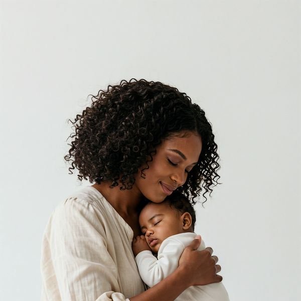 Mother lovingly cradles her sleeping baby in a peaceful embrace.