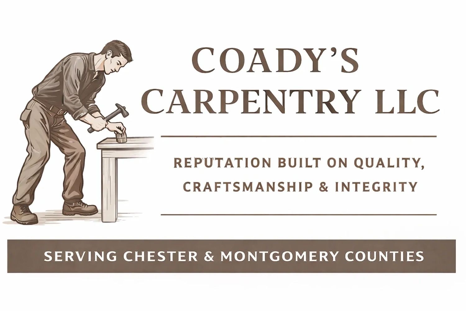 Logo for Coady's Carpentry LLC showcasing a craftsman working with a hammer.