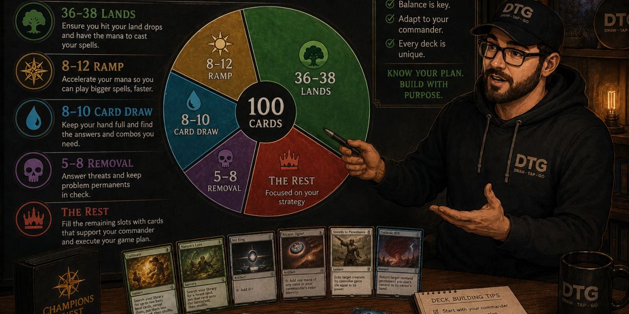 A man explains a Magic: The Gathering deck building guide with a pie chart and cards.