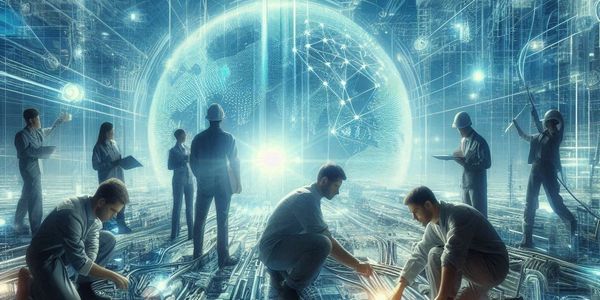 Engineers working with advanced futuristic technology.