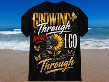 Black t-shirts with positive messages on a beach background.