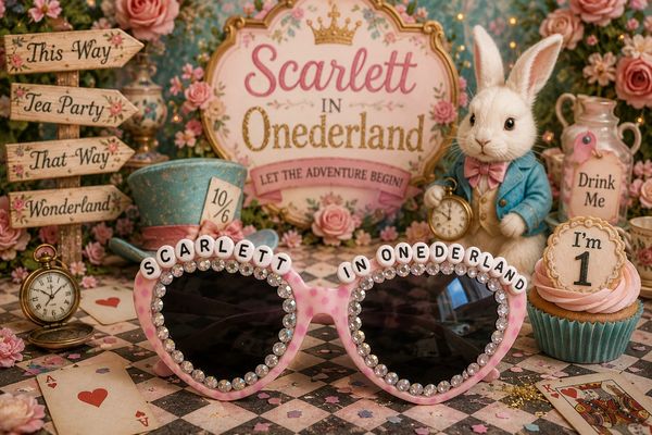 Heart-shaped glasses in an Alice in Wonderland-themed party setup.