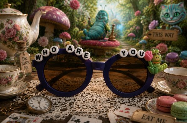 Whimsical Alice in Wonderland-themed glasses and tea setup.