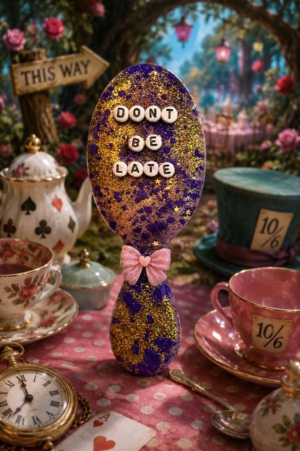 Decorative spoon with 'Don't be late' in a whimsical tea party setup.
