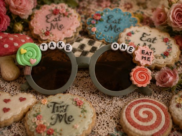 Fun glasses with candy decorations surrounded by decorated cookies.