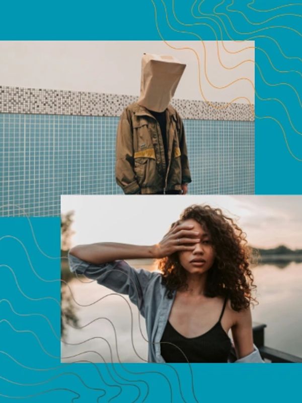 Two contrasting portraits: one with a person wearing a paper bag on their head, another of a woman covering one eye by a lake.