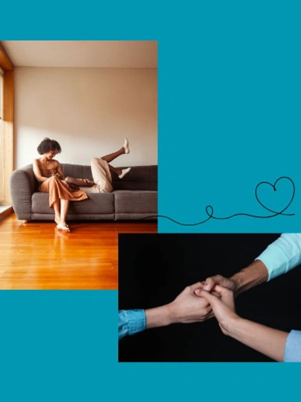 Couple sharing tender moments on a couch and holding hands, connected by a heart line illustration.