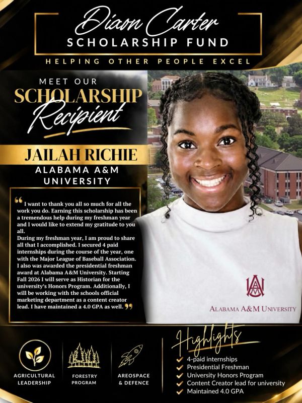 Portrait of Jailah Richie, scholarship recipient at Alabama A&amp;M University.