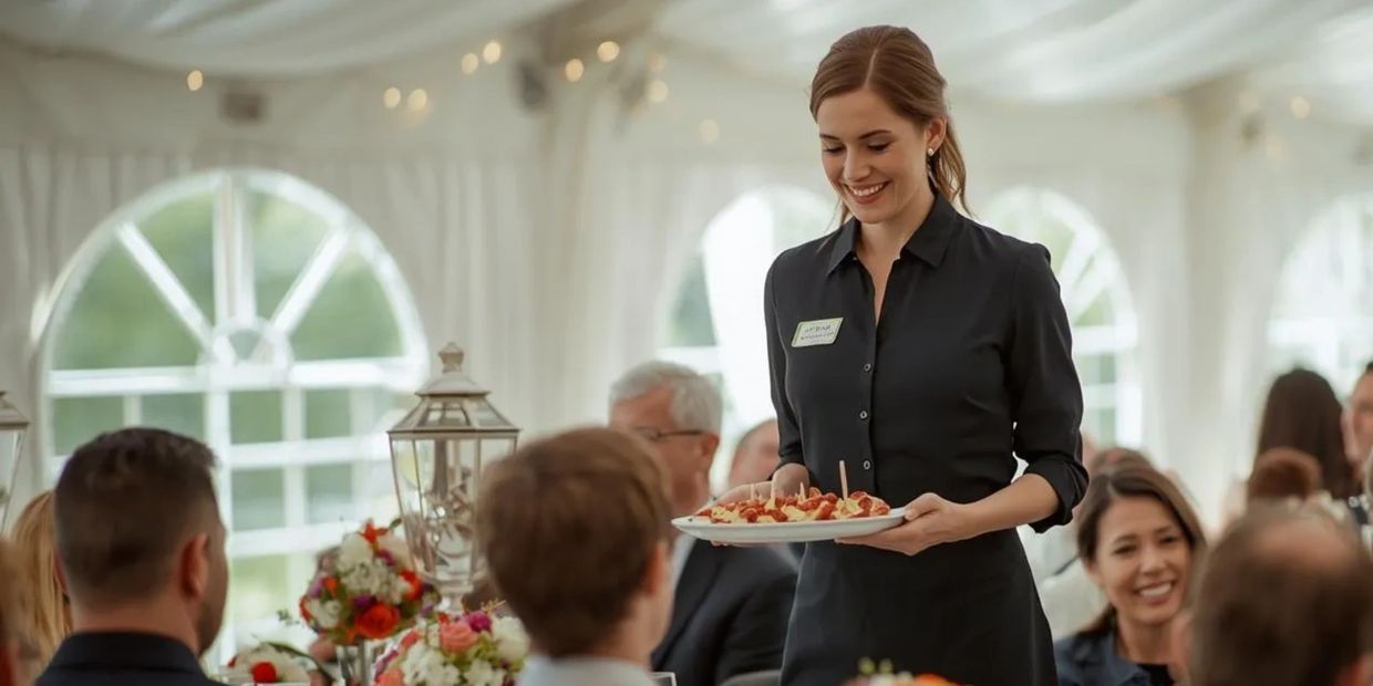 Smiling waitress serving appetizers at a formal event with elegant floral decorations.