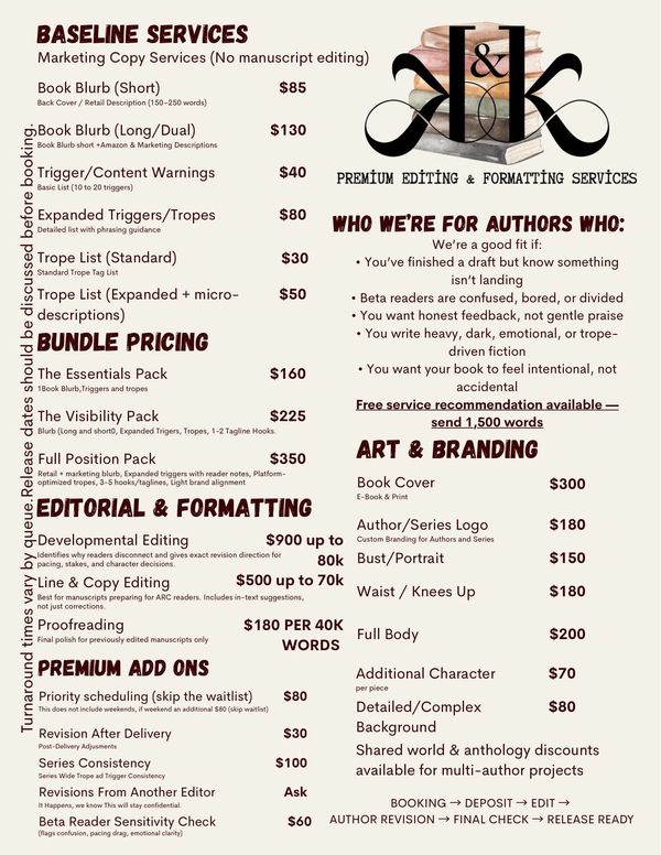 Pricing list for premium editing, formatting, and marketing copy services for authors.