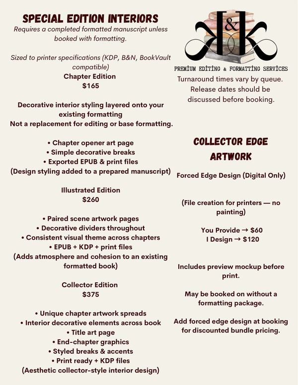 Special edition book interior and artwork design services with tiered pricing and formatting options.