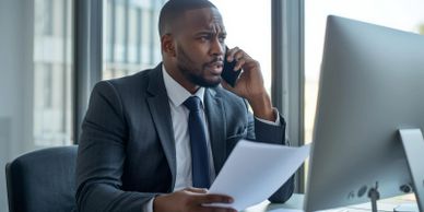 Businessman in suit talking on phone while holding documents at office desk.