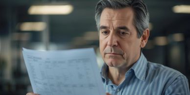 Man intently reading a document in an office setting.