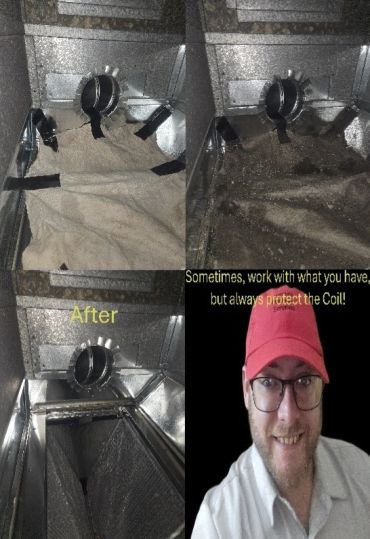Before and after HVAC coil protection with a smiling man advising to protect the coil.