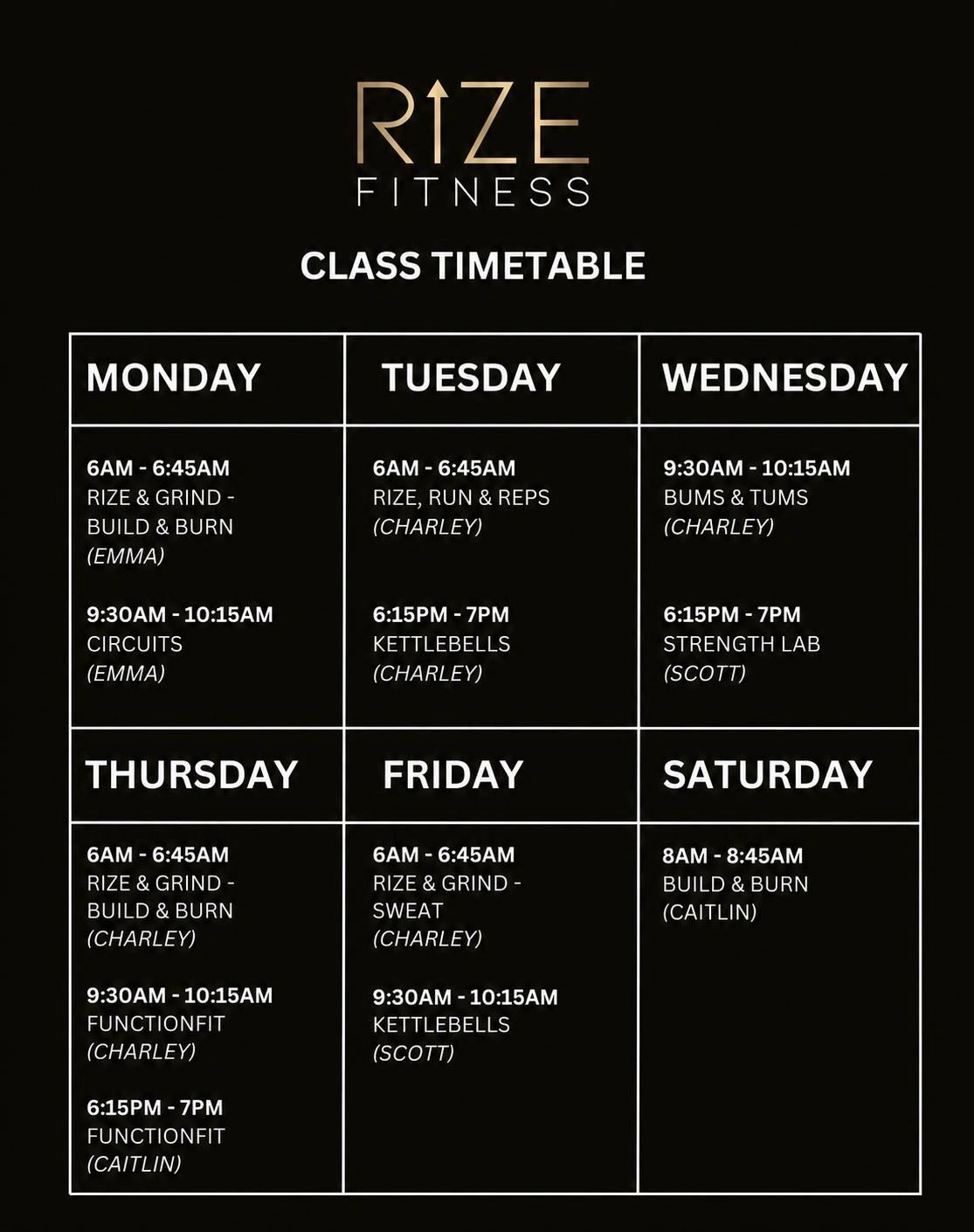 Rize Fitness weekly class timetable with morning and evening sessions.