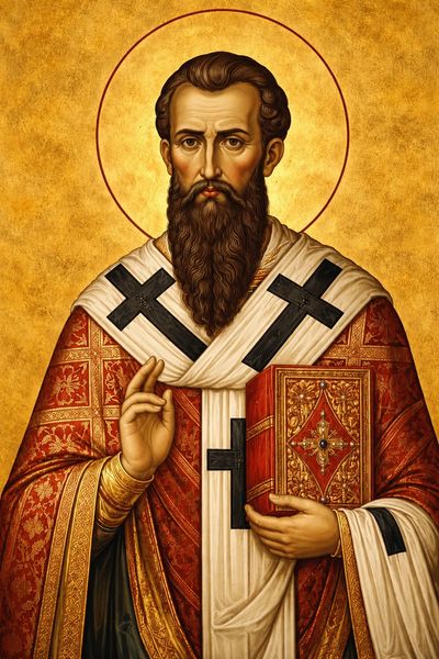 Icon of a bearded saint in ornate religious robes holding a book with a halo behind his head.