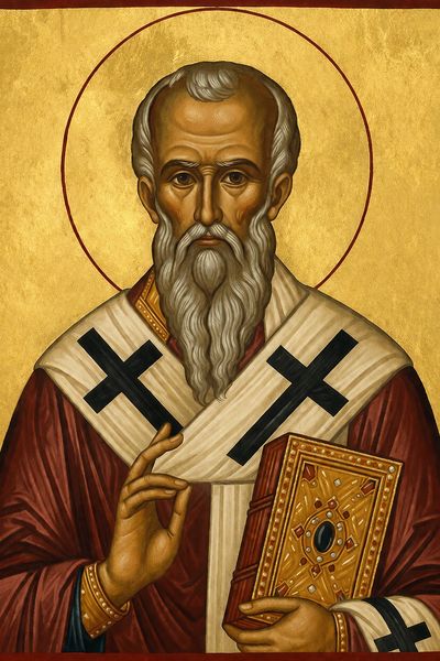 Icon of a saint with a halo, holding a decorated book and making a blessing gesture.