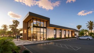Modern commercial building at sunset.