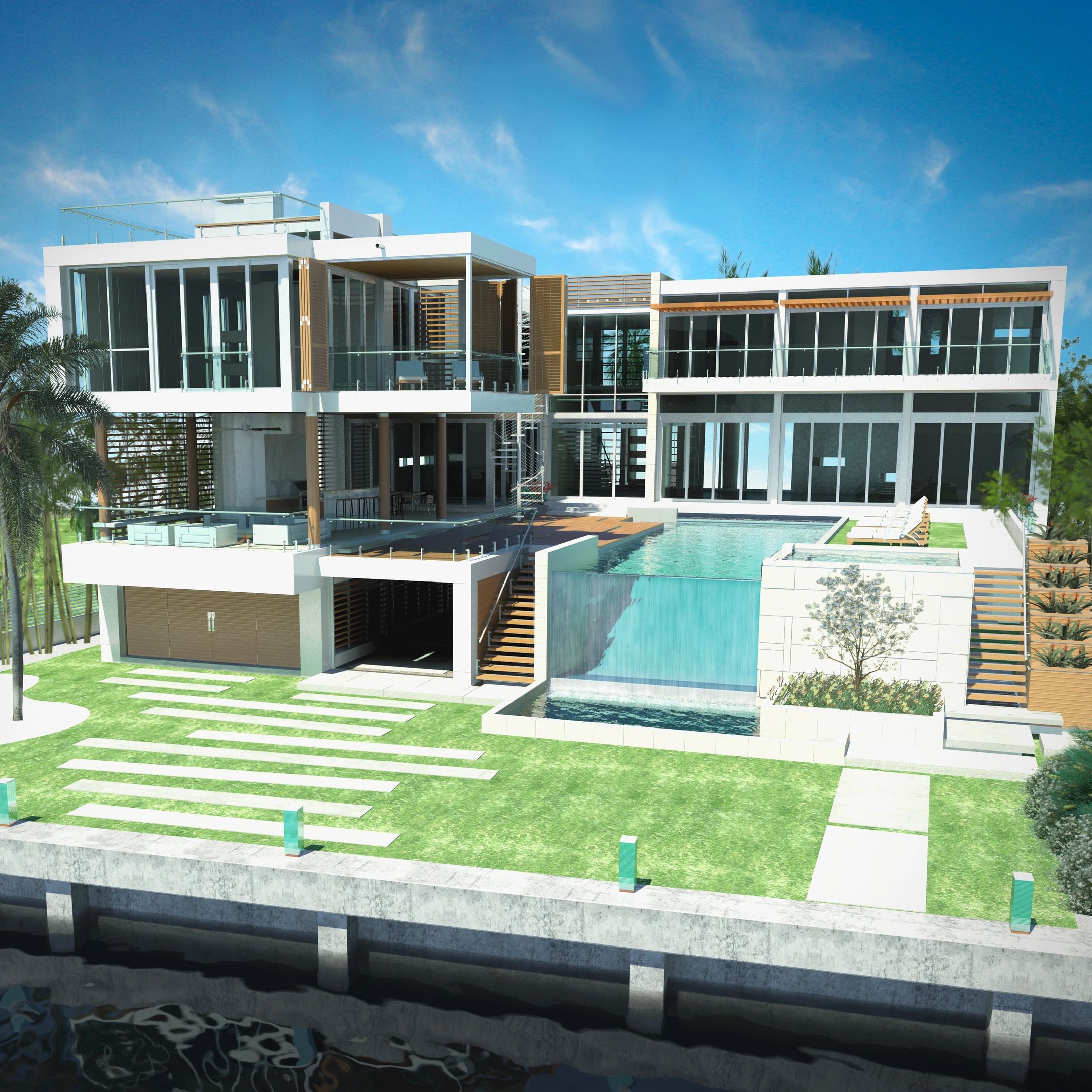 View from Biscayne Bay Looking at pool, pool deck, terrace, master bedroom with terrace.