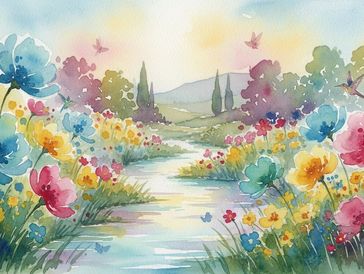 Watercolor painting of a vibrant flower-filled river scene with hummingbirds.