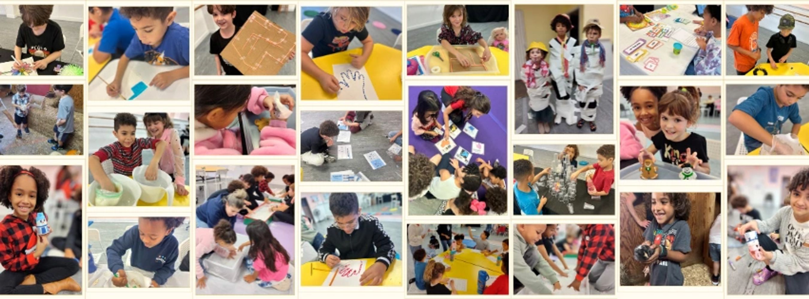 Children engaging in various creative and educational activities indoors and outdoors.
