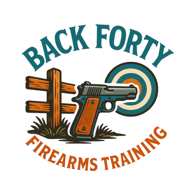 Logo for Back Forty Firearms Training with a handgun and target.