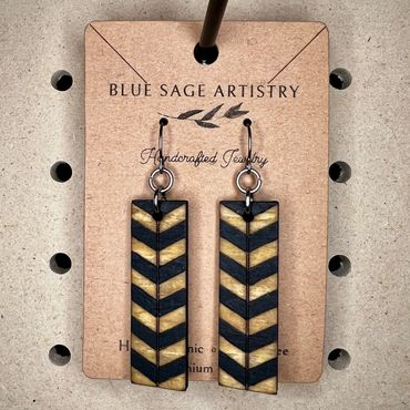 Rectangle black and wood stain chevron hanging earrings
