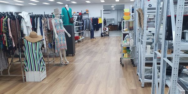 Clothing and home goods store interior with mannequins and shelves.
