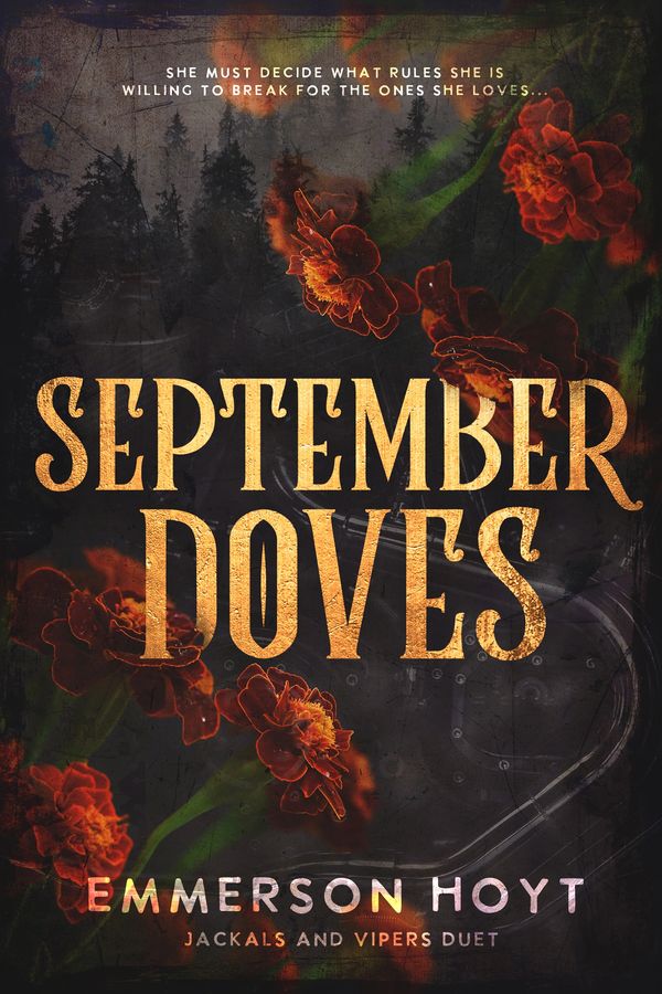 Book cover of 'September Doves' with bold gold text and red flowers on a dark background.