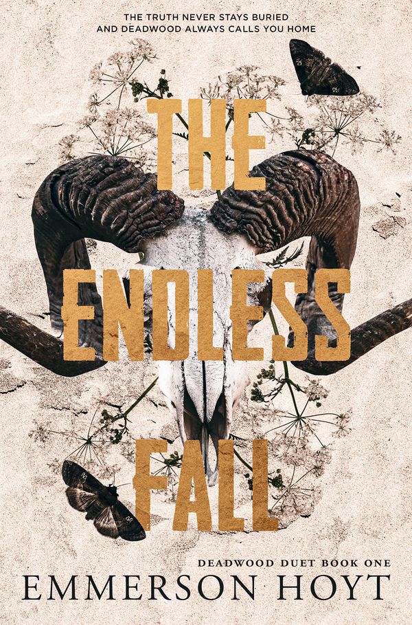 Book cover of 'The Endless Fall' with a ram skull and moths.