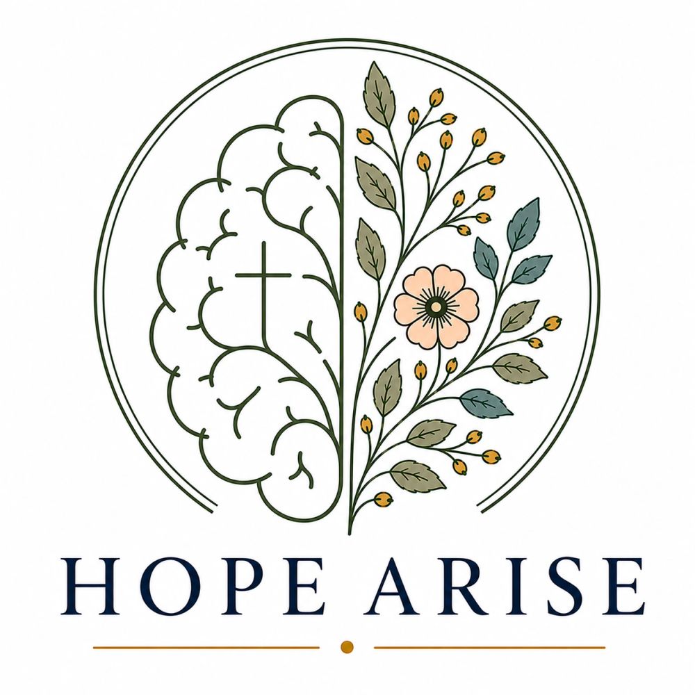 Logo with brain and floral design, text 'Hope Arise'.