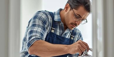 A plumber fixing a faucet with a wrench in a bright room.