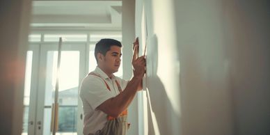 Man in overalls drawing or marking on a wall in a bright room.