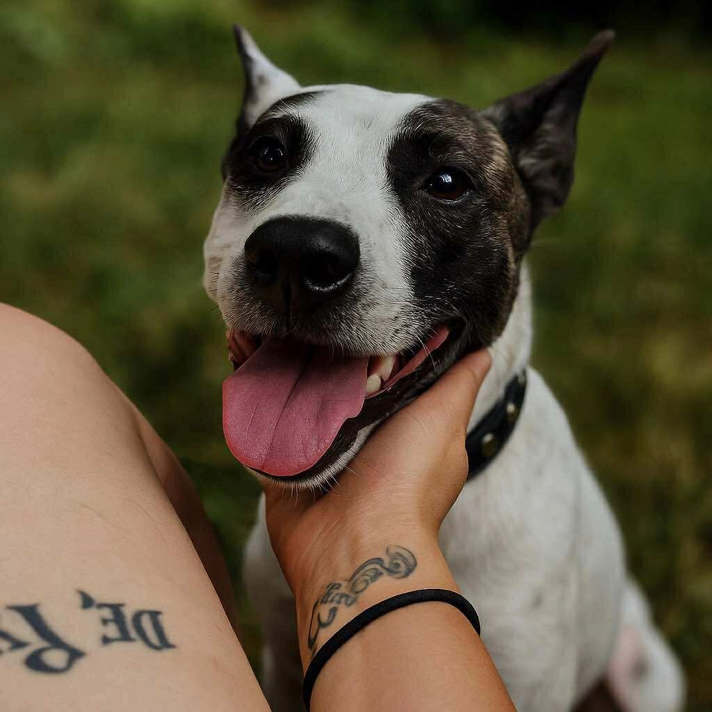 Happy dog being affectionately petted outdoors.