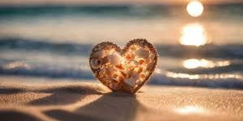 Heart-shaped seashell on sandy beach at sunset.