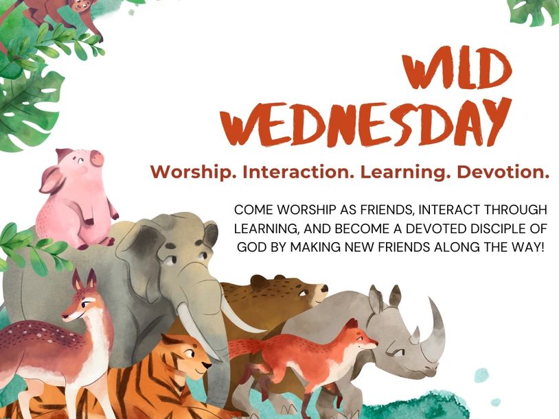 Wild Wednesday event with worship and animal friends illustration.