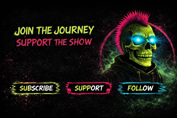 Neon skull with mohawk urges viewers to subscribe, support, and follow the show.