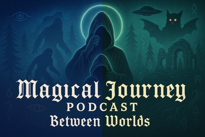 Dark mystical hooded figures and eerie creatures in a forest with ancient ruins and glowing eyes.