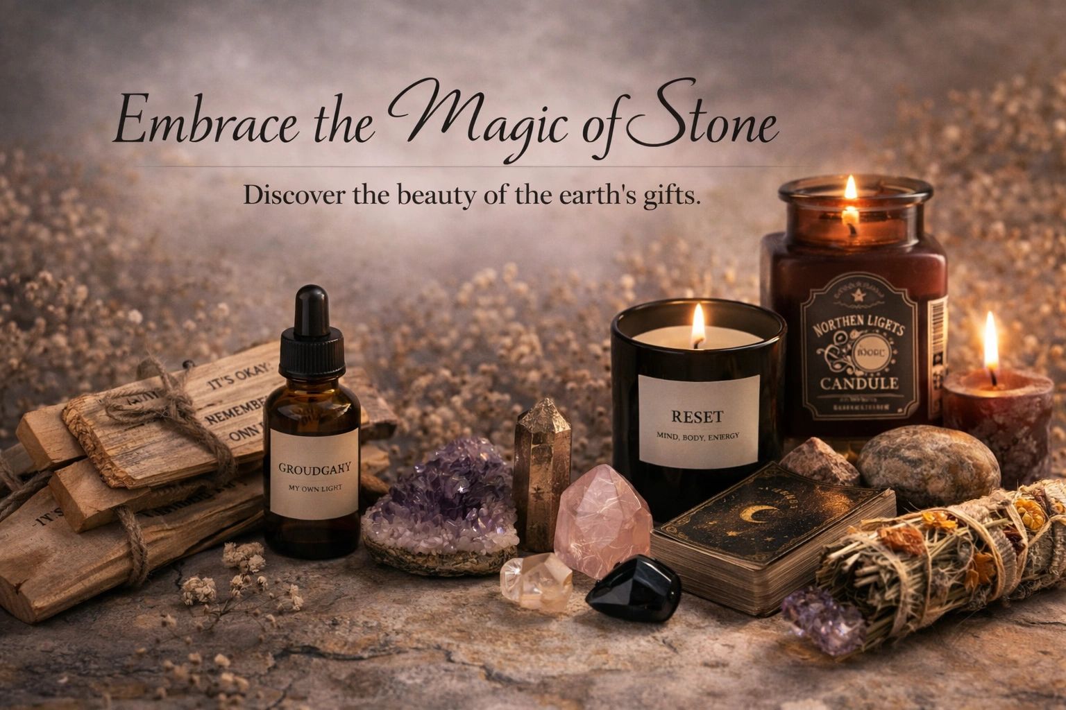A serene setup of candles, crystals, and sage with a calming message about embracing the magic of stones.
