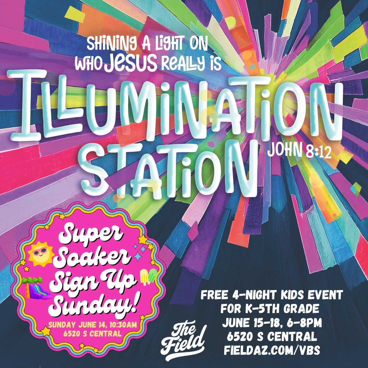 Colorful flyer for kids' event 'Illumination Station' with sign-up details.