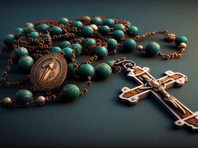 A detailed rosary with turquoise beads and a crucifix laid on a dark surface.