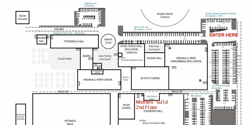 Campus map showing building locations and parking areas with an entrance marked.