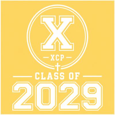 Yellow emblem with white text reading 'Class of 2029' and a large 'X'.